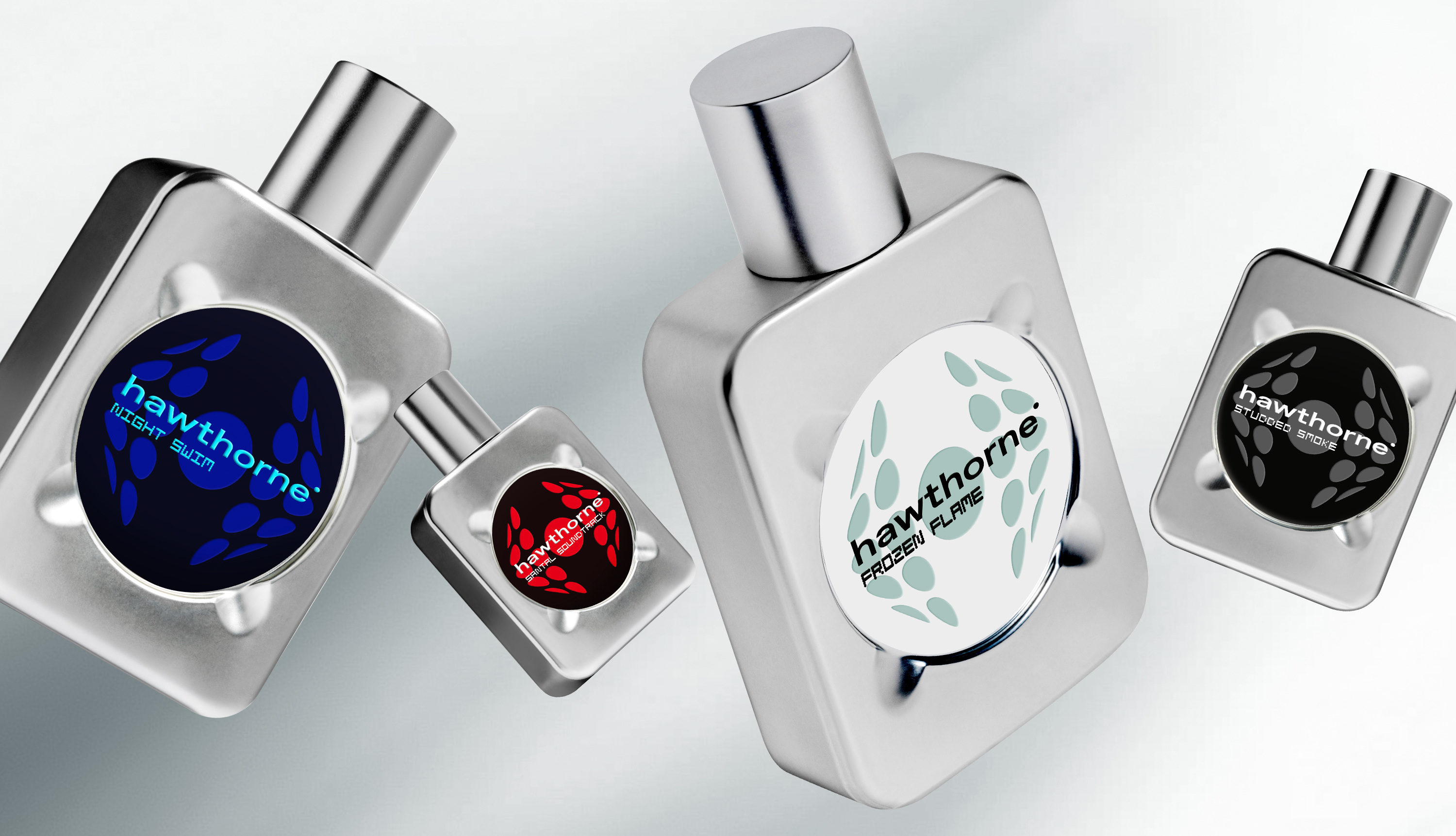 Four metallic perfume bottles are shown, each labeled “hawthorne” with different colored designs: red, blue, black, and gray, all with bold circular logos and metallic caps.