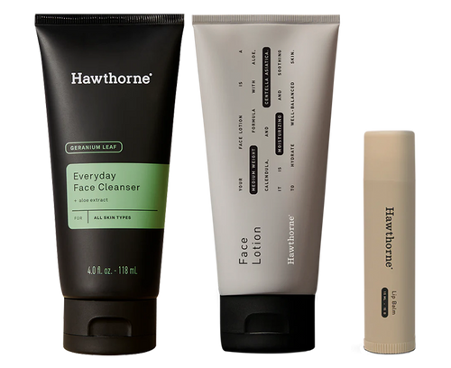 skincare starter set with face cleanser, face lotion, and single lip balm
