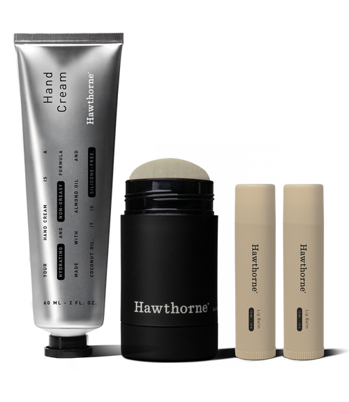 The Invigorating Eucalyptus Set by hawthorne, featuring antioxidant-rich hand cream, a black deodorant stick, and two eucalyptus lip balms, is displayed side by side against a white background.