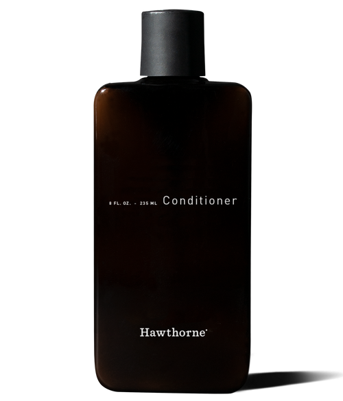 A dark brown rectangular bottle labeled Medium Weight Conditioner by hawthorne, containing 8 fl. oz. (236 ml), with a black cap.