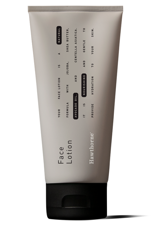 A tube of hawthorne Natural Face Lotion with a black cap, featuring jojoba, shea butter, chamomile, and avocado oil—a naturally-derived moisturizer ideal for your skincare routine.