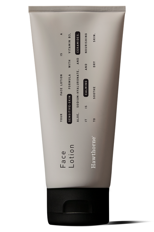 A tube of hawthorne Sensitive Face Lotion with vitamin B3, ceramides, and sodium hyaluronate, formulated to calm, nourish, and soothe dry skin.