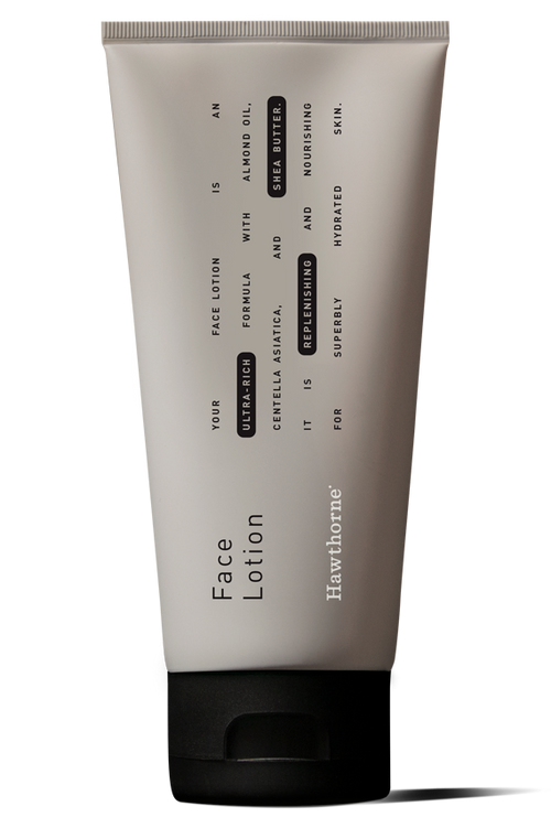 A tube of hawthorne Ultra Rich Face Lotion with black cap, featuring product info and usage details on the front label. This moisturizing lotion is ideal for dry skin.