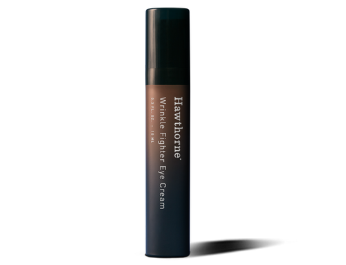 A cylindrical tube labeled hawthorne Wrinkle Fighter Eye Cream stands upright against a white background, promising to revitalize tired eyes and visibly reduce wrinkles.