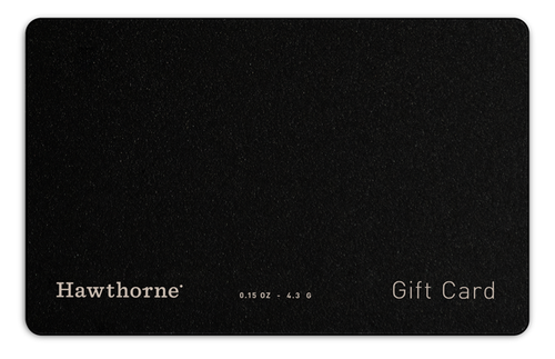 A black hawthorne $20 Physical Gift Card with white text displaying hawthorne, $20, and Gift Card.