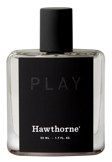 A 50 ml clear glass bottle of hawthorne Palo Santo Play Cologne, featuring a black label and cap, infused with palo santo essence for gentle energy cleansing.