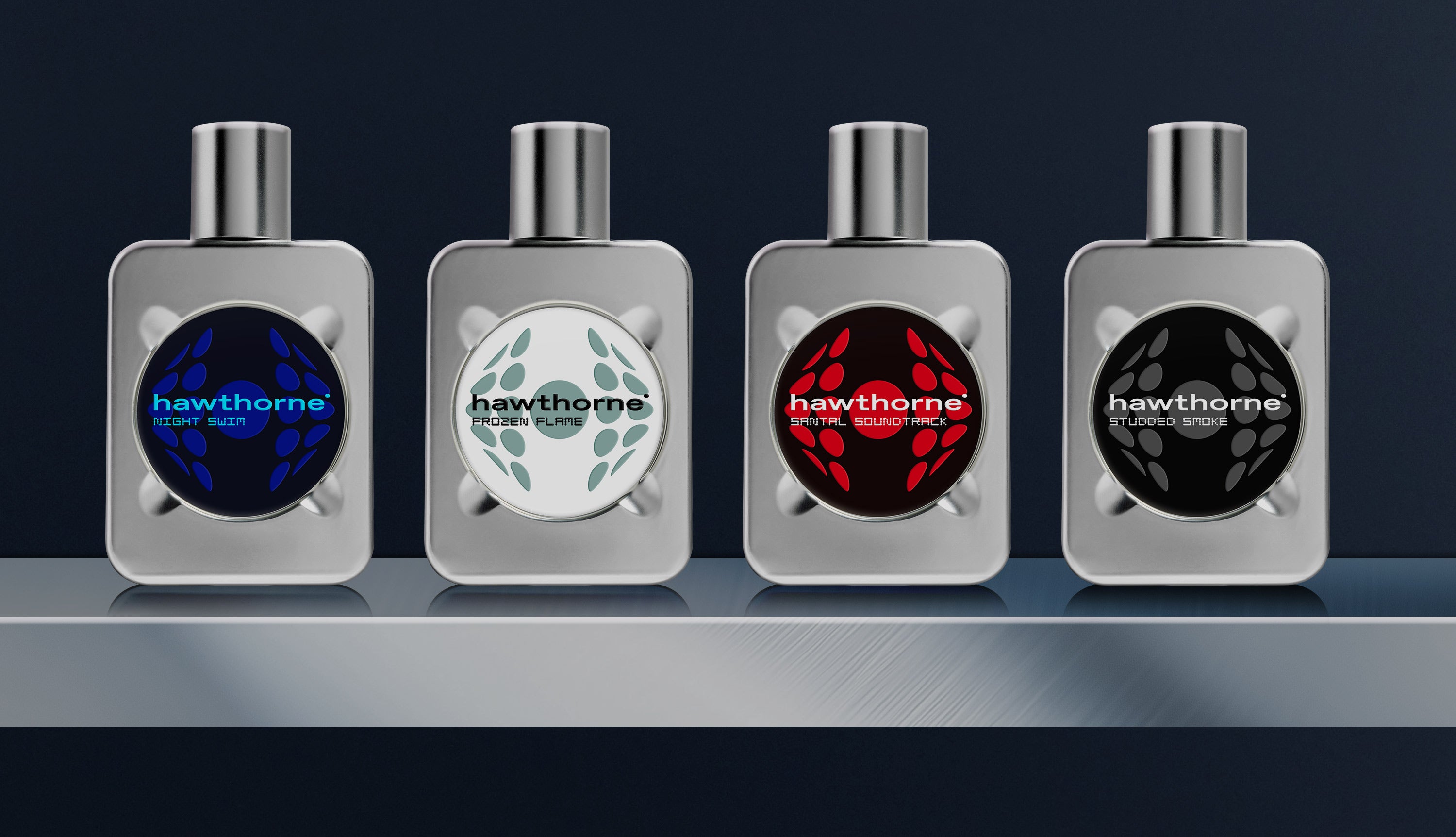 4 cologne bottles on a shelf