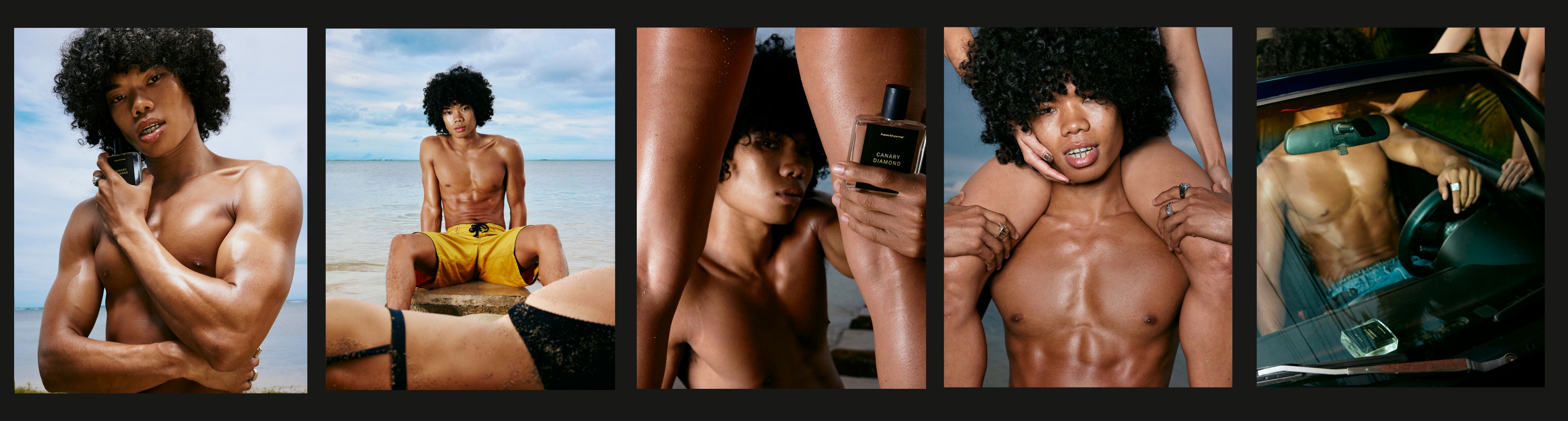 A compilation of images of Canary Diamond cologne bottle on the beach with a model